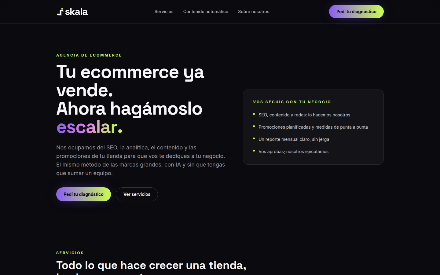 Skala Ecommerce home page: “Tu ecommerce ya vende. Ahora hagámoslo escalar.”